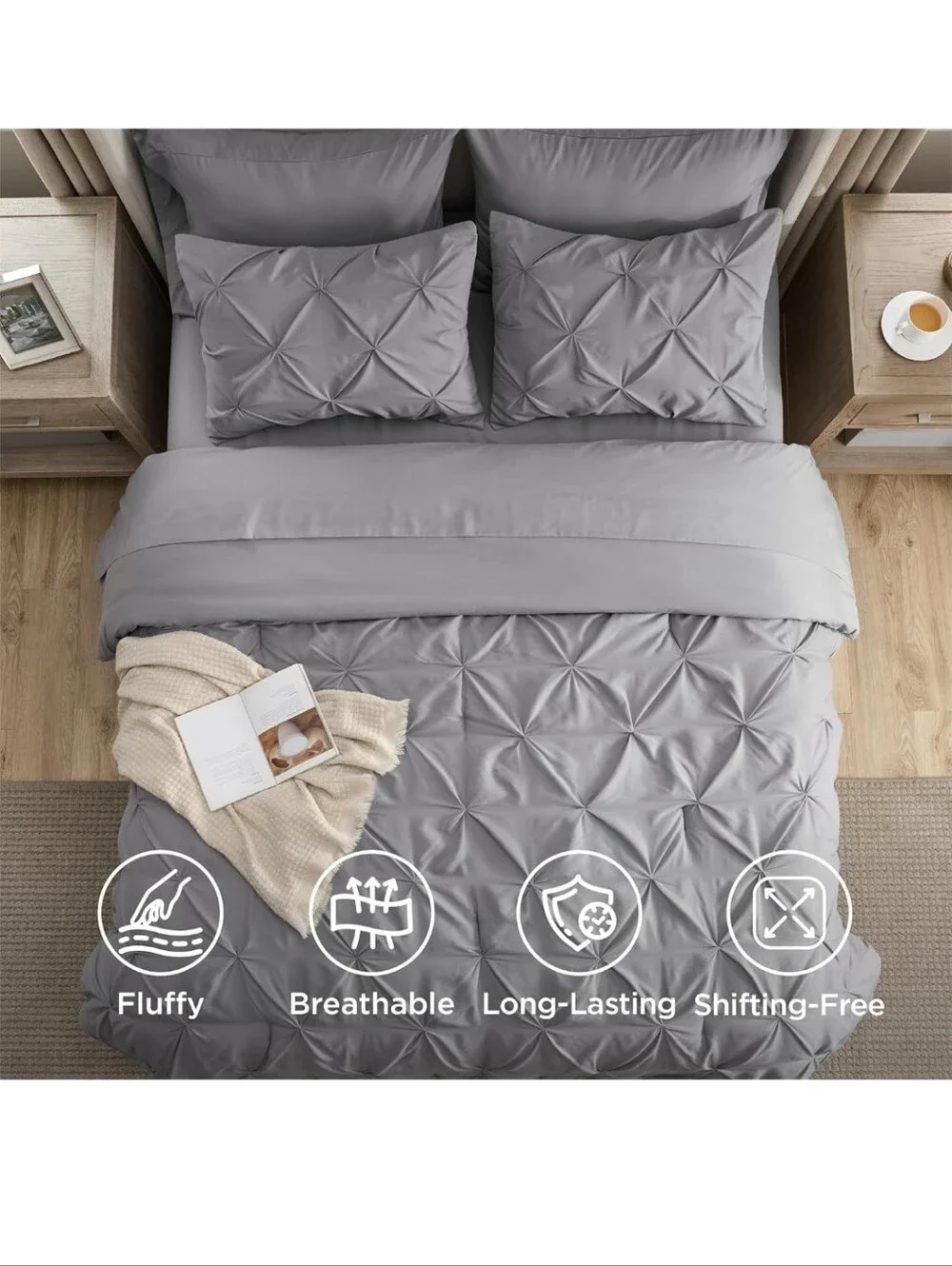 Bedsure Queen Comforter Set Grey Bed in a Bag Queen 7 Pieces, Gentlesoft Pintuck
